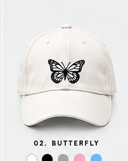 White cap with black butterfly graphic