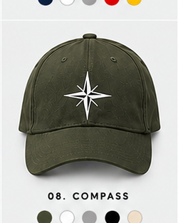 Olive cap with white compass-star graphic